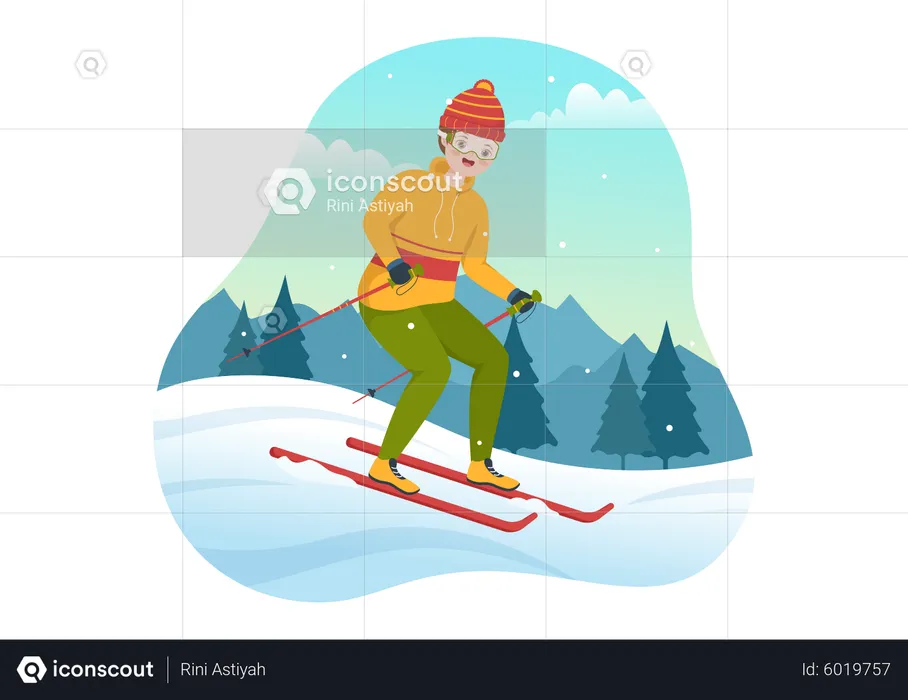 Boy skiing down the mountain  Illustration