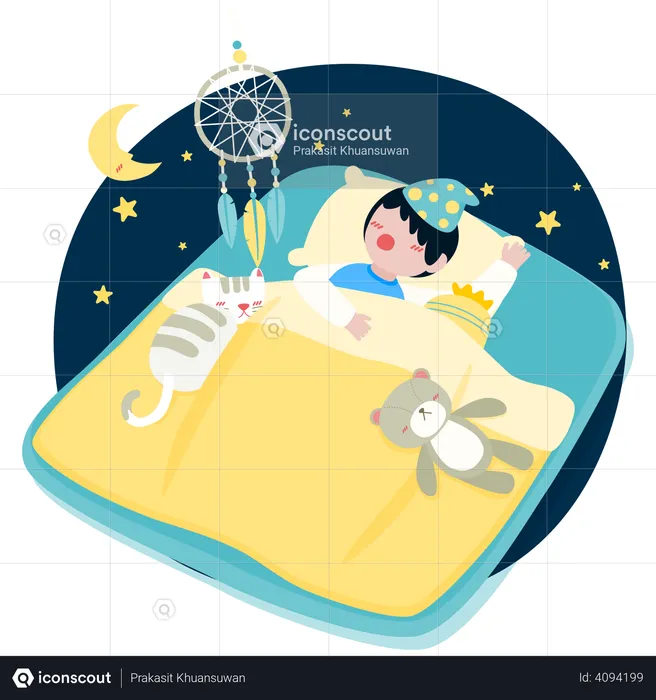Boy sleeping on bed with cat  Illustration