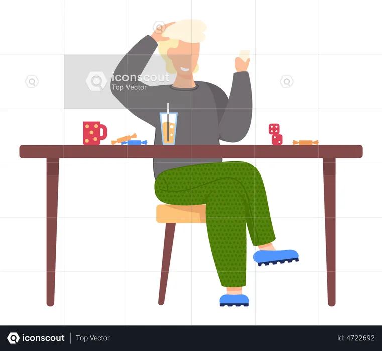 Boy smiles and plays board game alone  Illustration