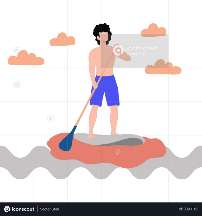 Boy standing and rowing boat  Illustration
