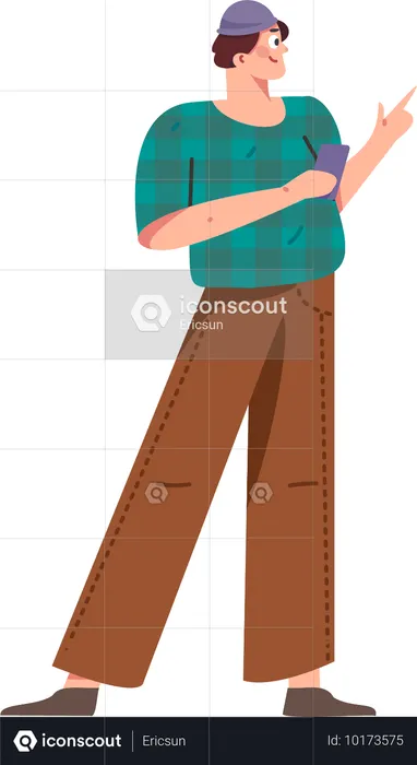 Boy standing and using phone  Illustration