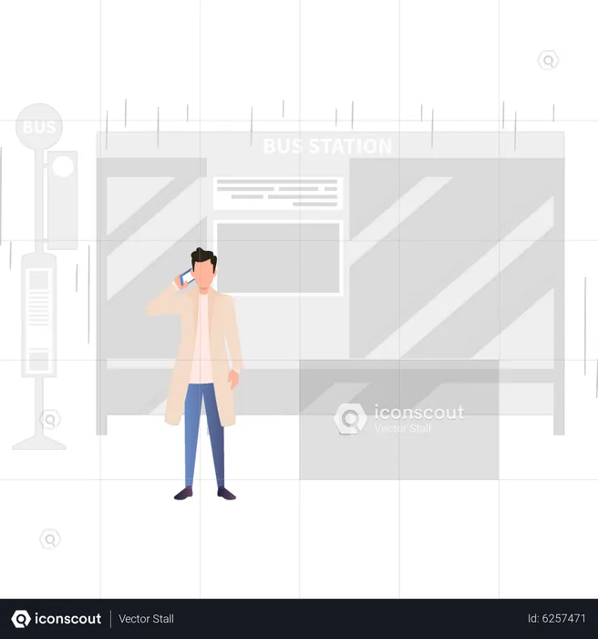 Boy standing at bus stop and talking on mobile  Illustration