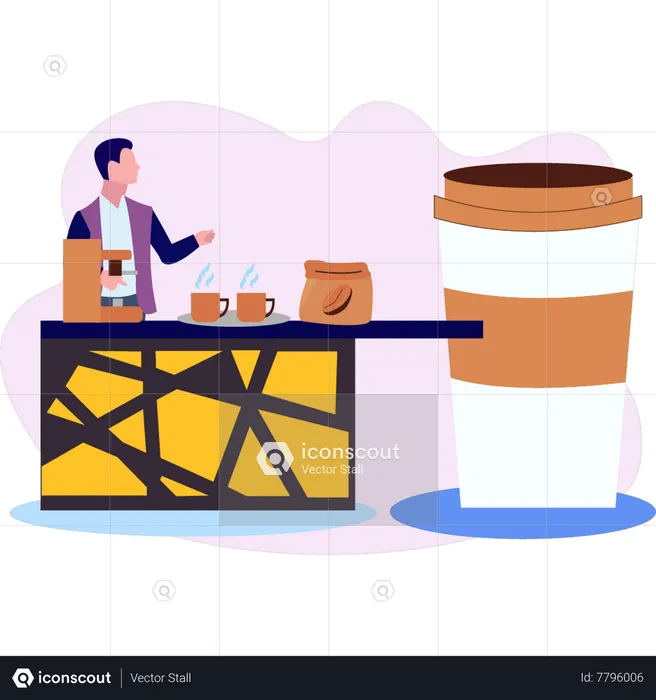 Boy standing at coffee counter  Illustration