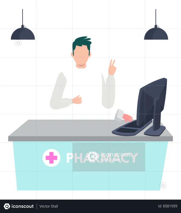 Boy Standing At Reception Desk In Pharmacy  Illustration