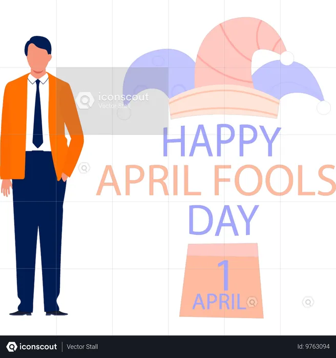 Boy standing beside fools day banner  Illustration