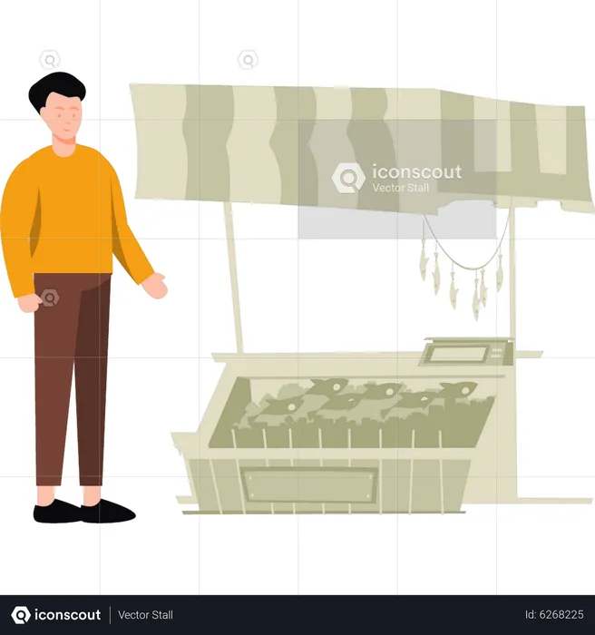 Boy standing by fish stall  Illustration