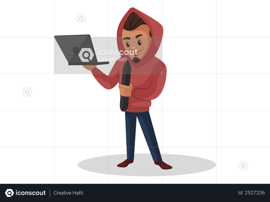 Boy standing holding laptop and pen in his hands Illustration