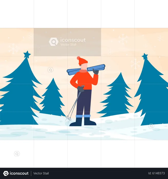 Boy standing holding skiing equipment  Illustration