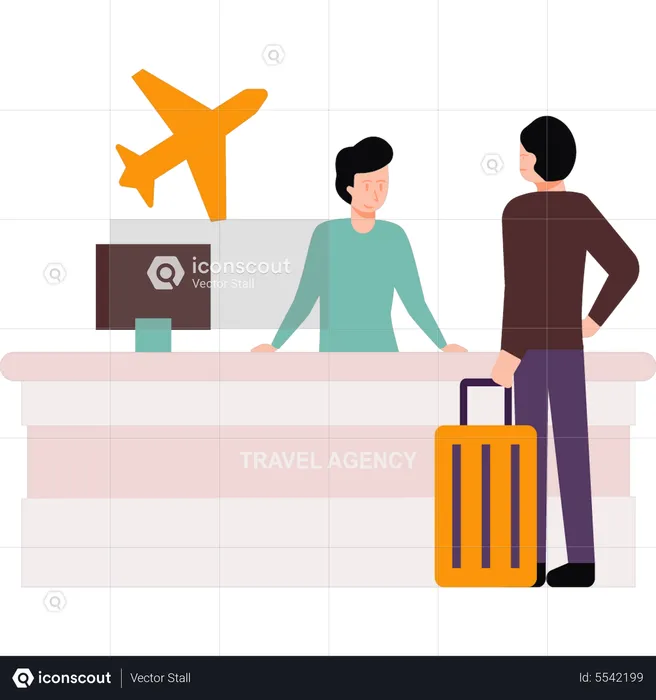 Boy standing in a travel agency  Illustration