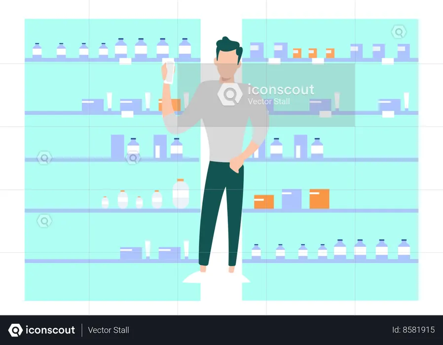 Boy Standing In Pharmacy Holding Jar  Illustration