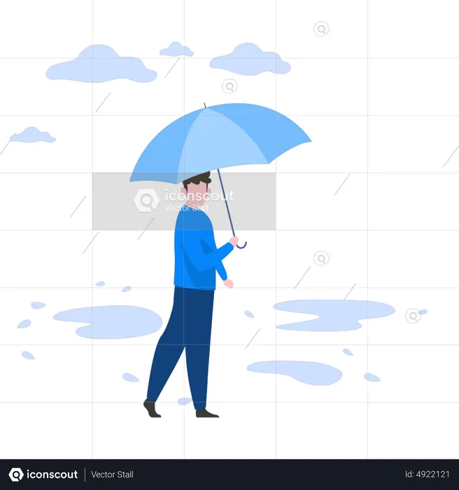 Boy standing in rain with umbrella  Illustration