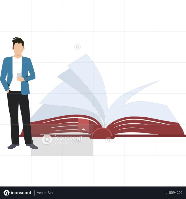Boy Standing Near By Book  Illustration