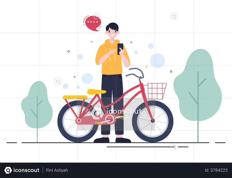 Boy standing near cycle  Illustration