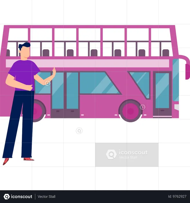 Boy standing near decker bus  Illustration