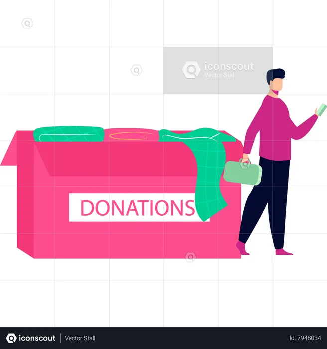 Boy standing near donation box  Illustration