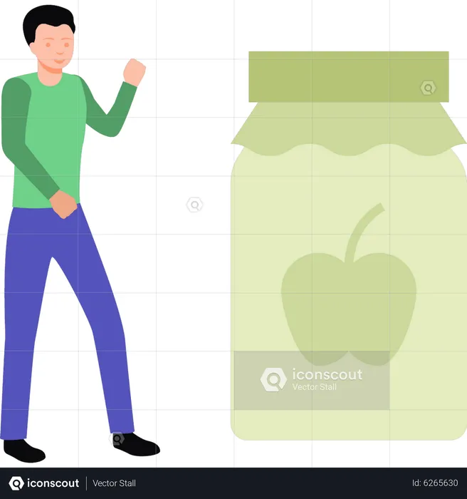 Boy standing next to apple jam  Illustration