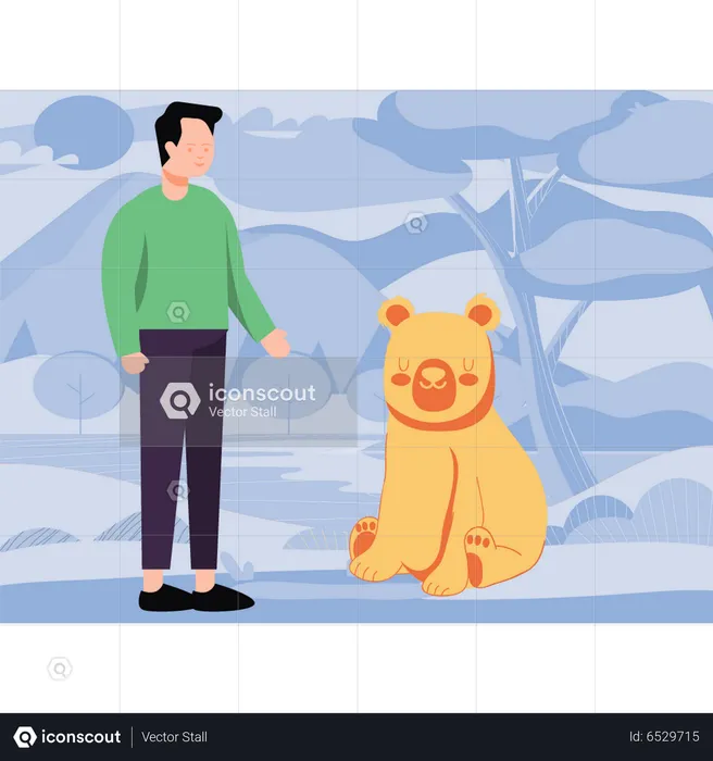 Boy standing next to bear  Illustration