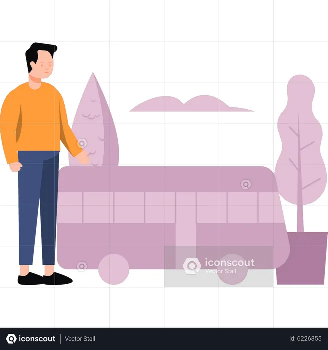 Boy standing next to bus  Illustration