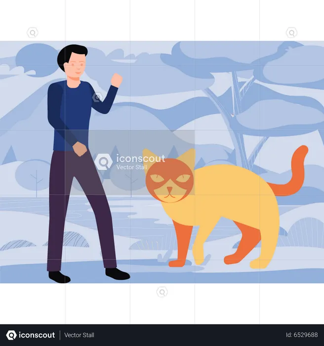 Boy standing next to cat  Illustration