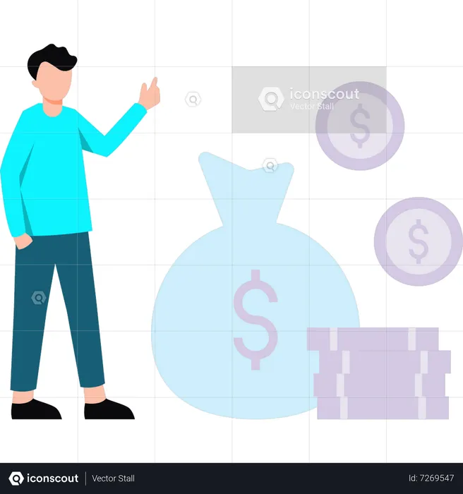 Boy standing next to dollar coins and sack  Illustration
