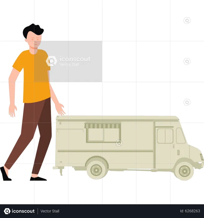Boy standing next to food truck  Illustration