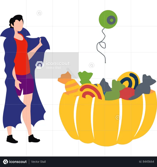 Boy standing with a basket of Halloween candy  Illustration