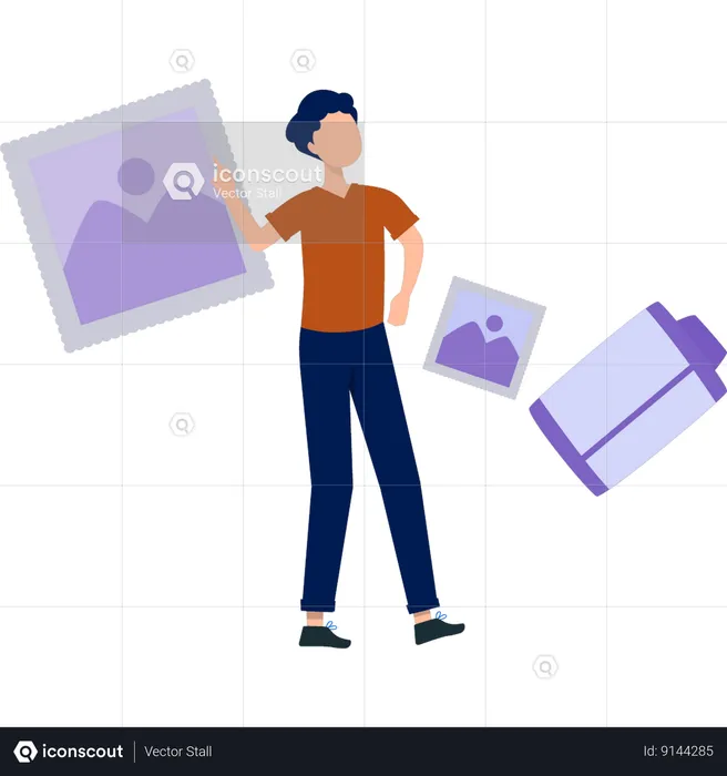 Boy standing with camera and camera reel  Illustration