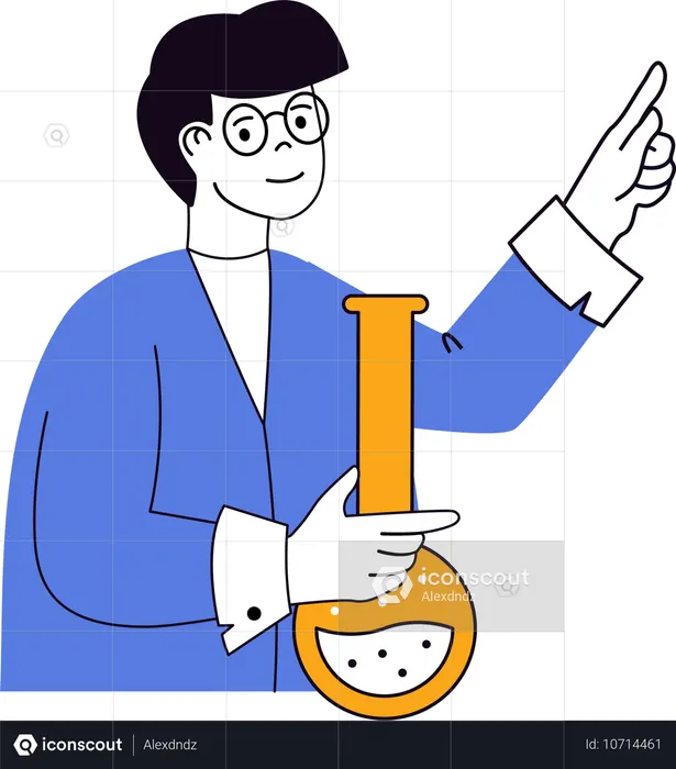 化学薬品のフラスコを持って立っている少年  イラスト