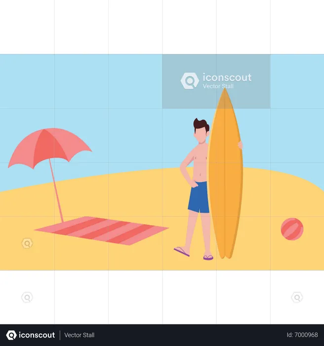Boy standing with surfboard  Illustration