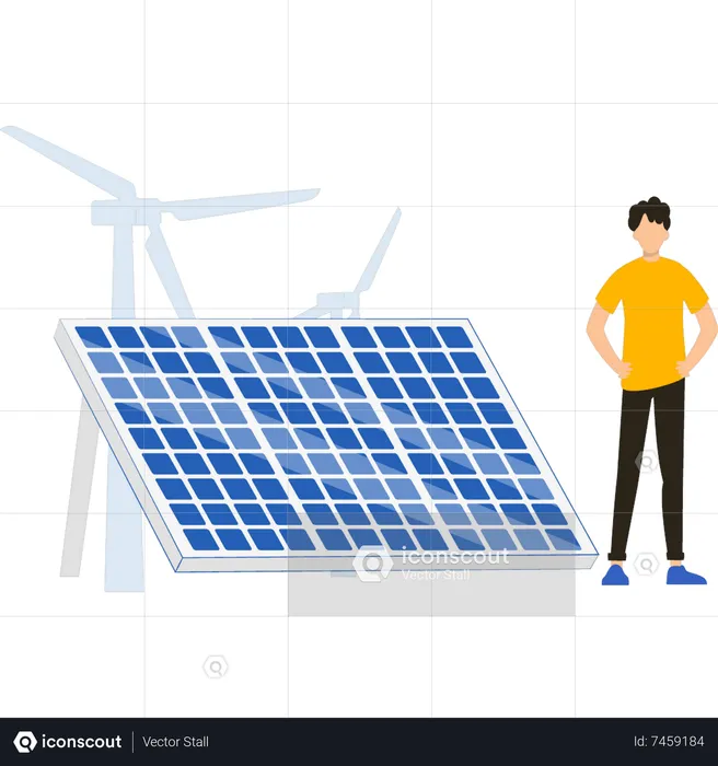 Boy stands by solar  Illustration