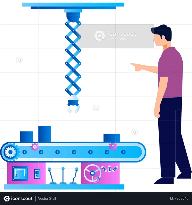Boy stands next to a production conveyor  Illustration