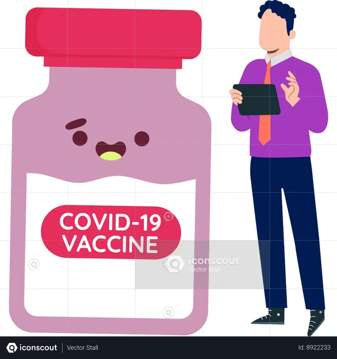 Boy stands next to jar of COVID-19 vaccine  Illustration