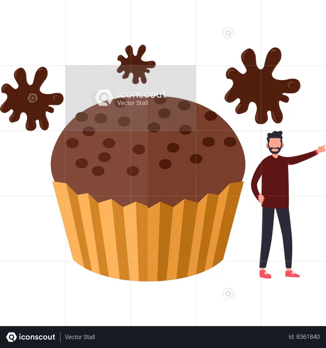 Boy stands next to the chocolate muffin  Illustration