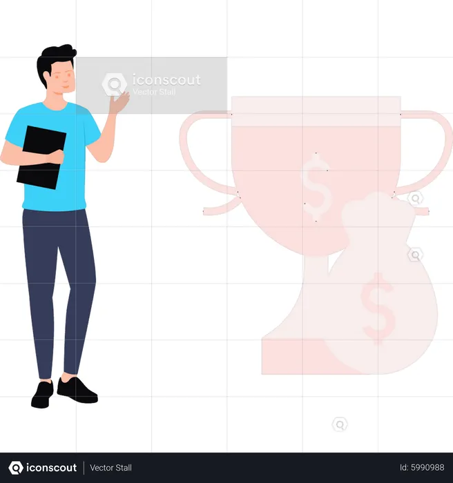 Boy stands next to the dollar trophy  Illustration