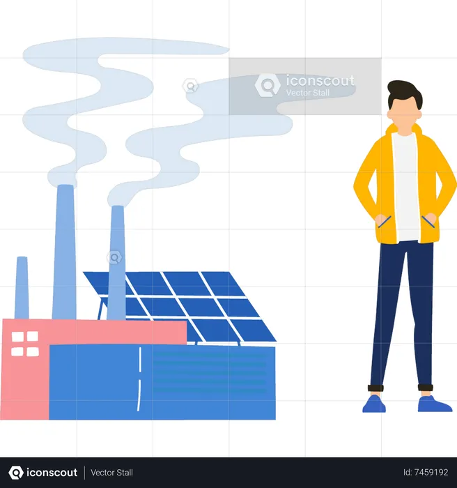Boy stands outside the solar plant  Illustration