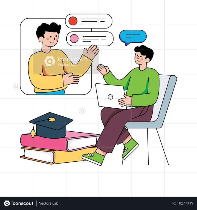 Boy student asking questions to teacher via video call  Illustration