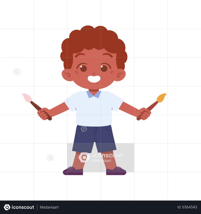 Boy Student Holding Paint Brush In Two Hands  Illustration