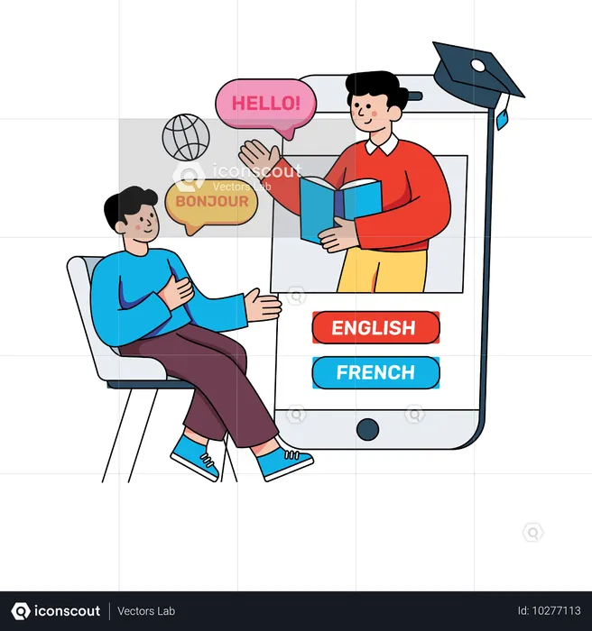 Boy Student Learning French Language From Online Tutor Illustration ...
