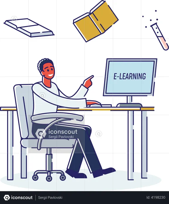 Boy Student Learning Online on Computer  Illustration