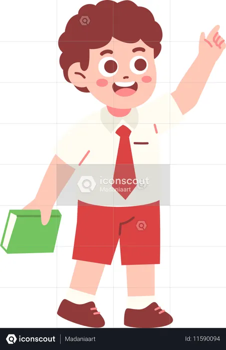 무언가를 가리키고 책을 들고 있는 남자 학생  일러스트레이션