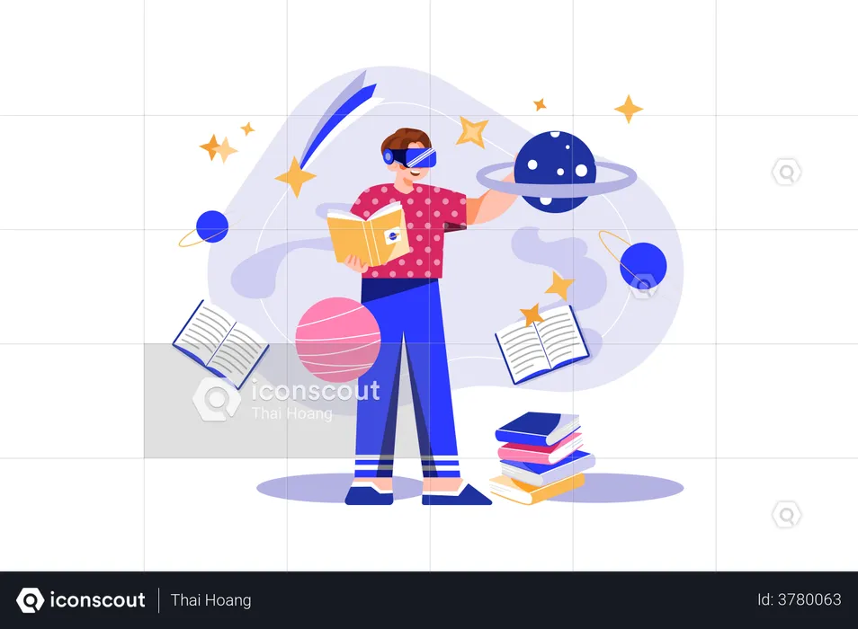 Boy studying about space using VR tech  Illustration