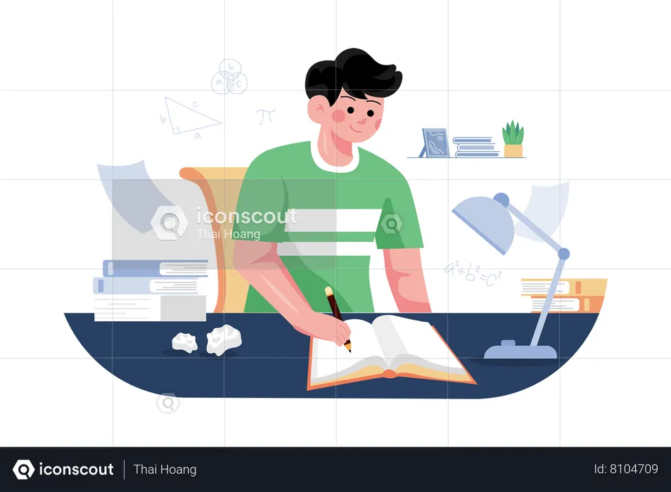 Boy studying at home  Illustration