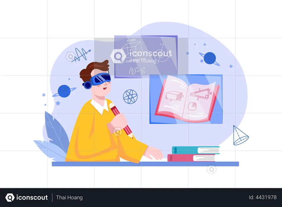 Boy studying using Virtual Tech  Illustration