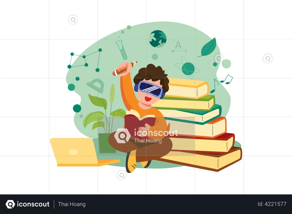 Boy studying using VR tech  Illustration