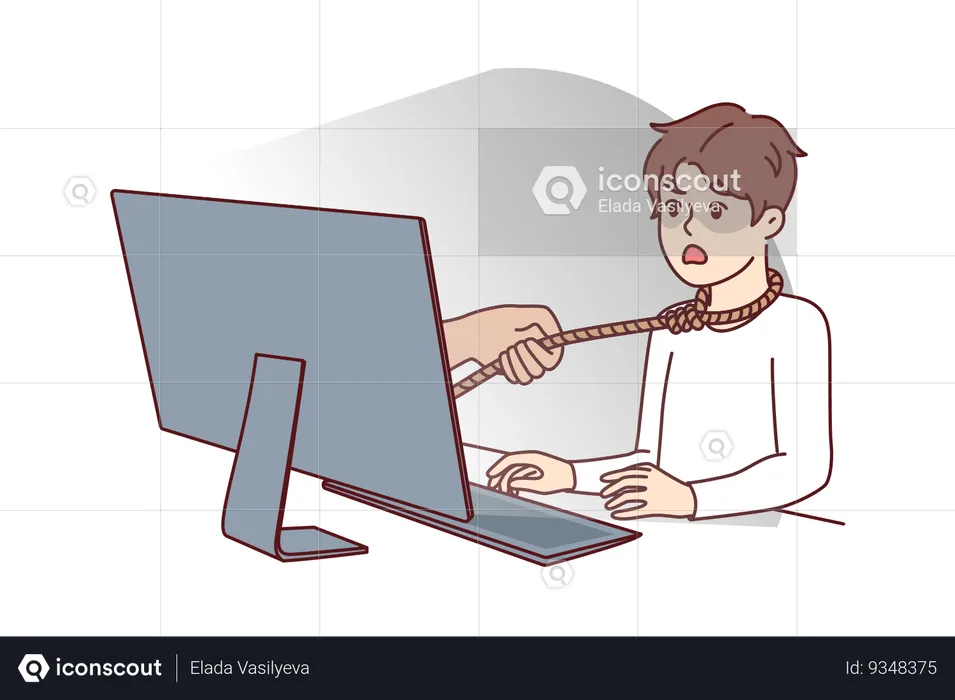 Boy suffering from internet addiction sits at table with computer with rope around neck  Illustration