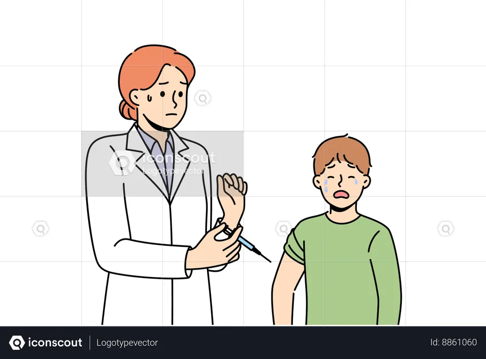 Boy suffers vaccine phobia and crying standing near woman doctor holding syringe with injection in hand  Illustration