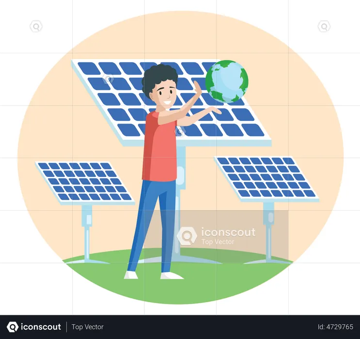 Boy suggesting to use solar panel energy  Illustration