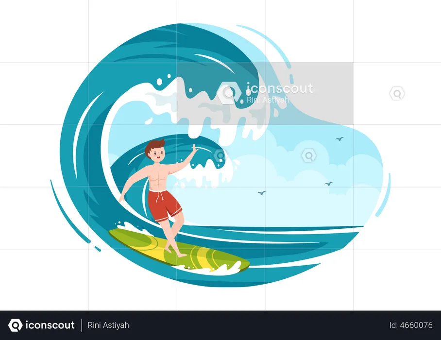 Boy surfing in sea  Illustration