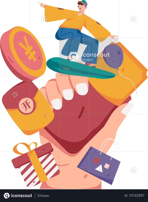 Boy surfing while getting cashback reward  Illustration