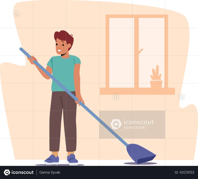 Boy Sweeping Floor with Broom  Illustration